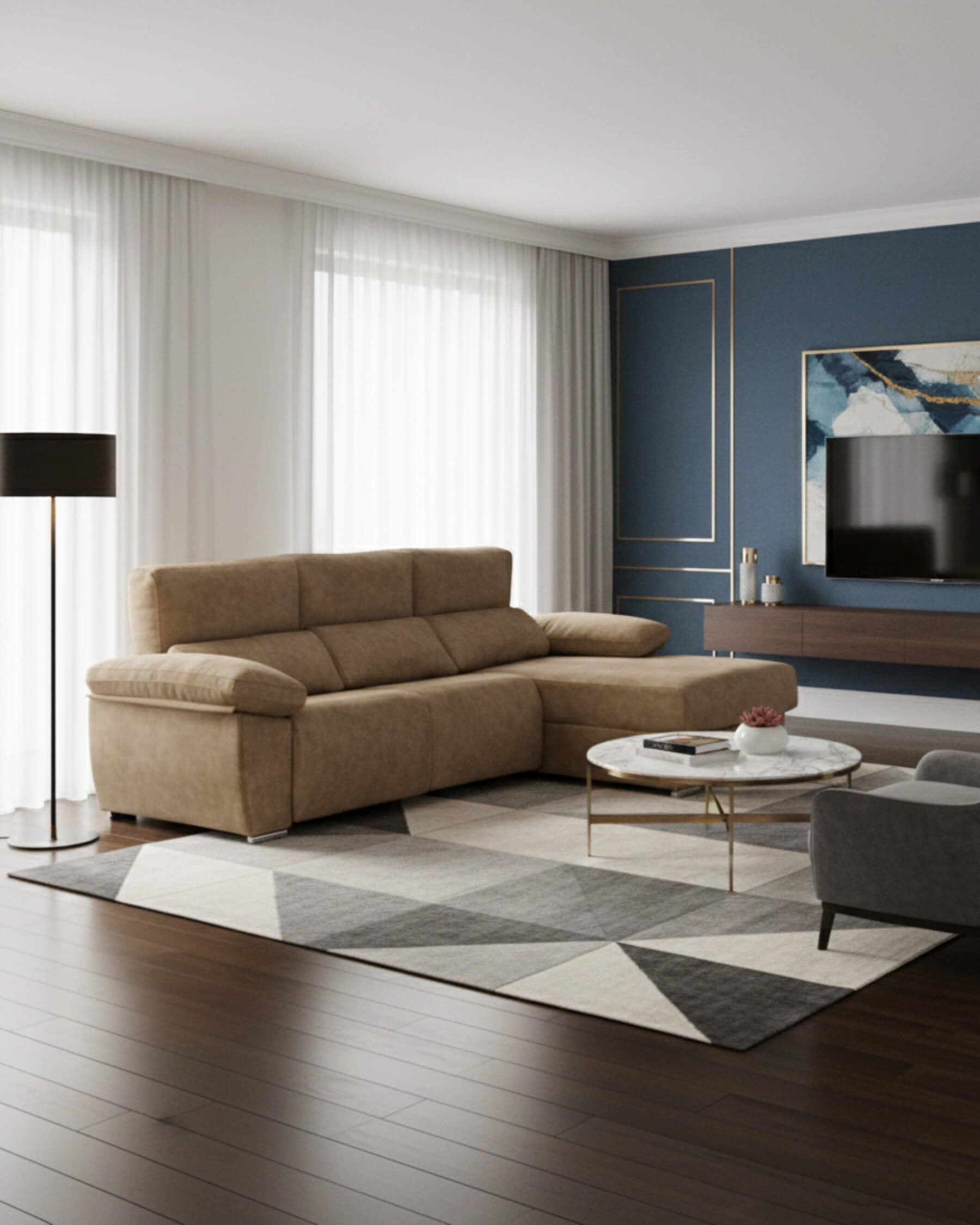 Sofá 3 plazas chaiselongue motorizado