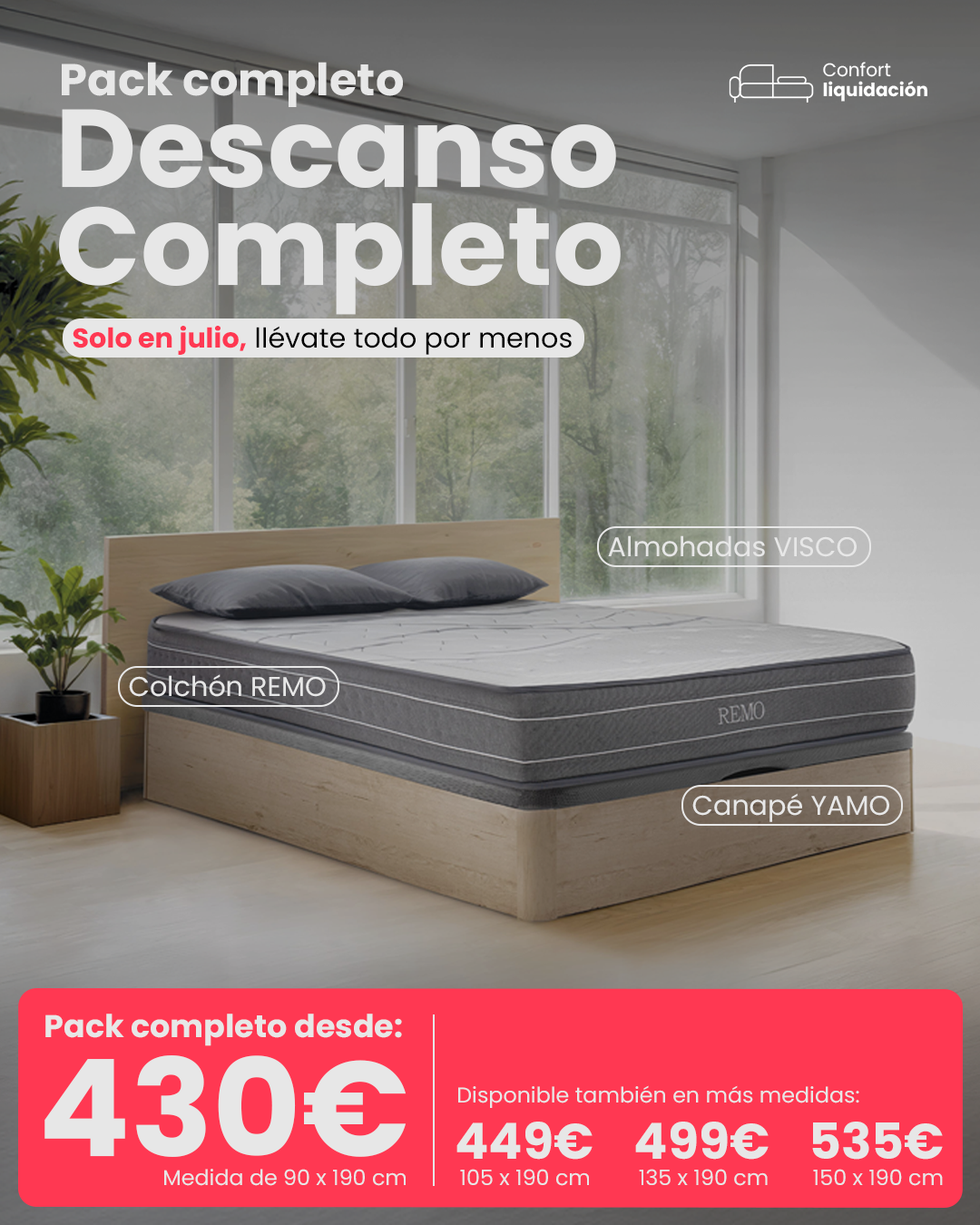Pack colchón + canapé + almohadas VISCO
