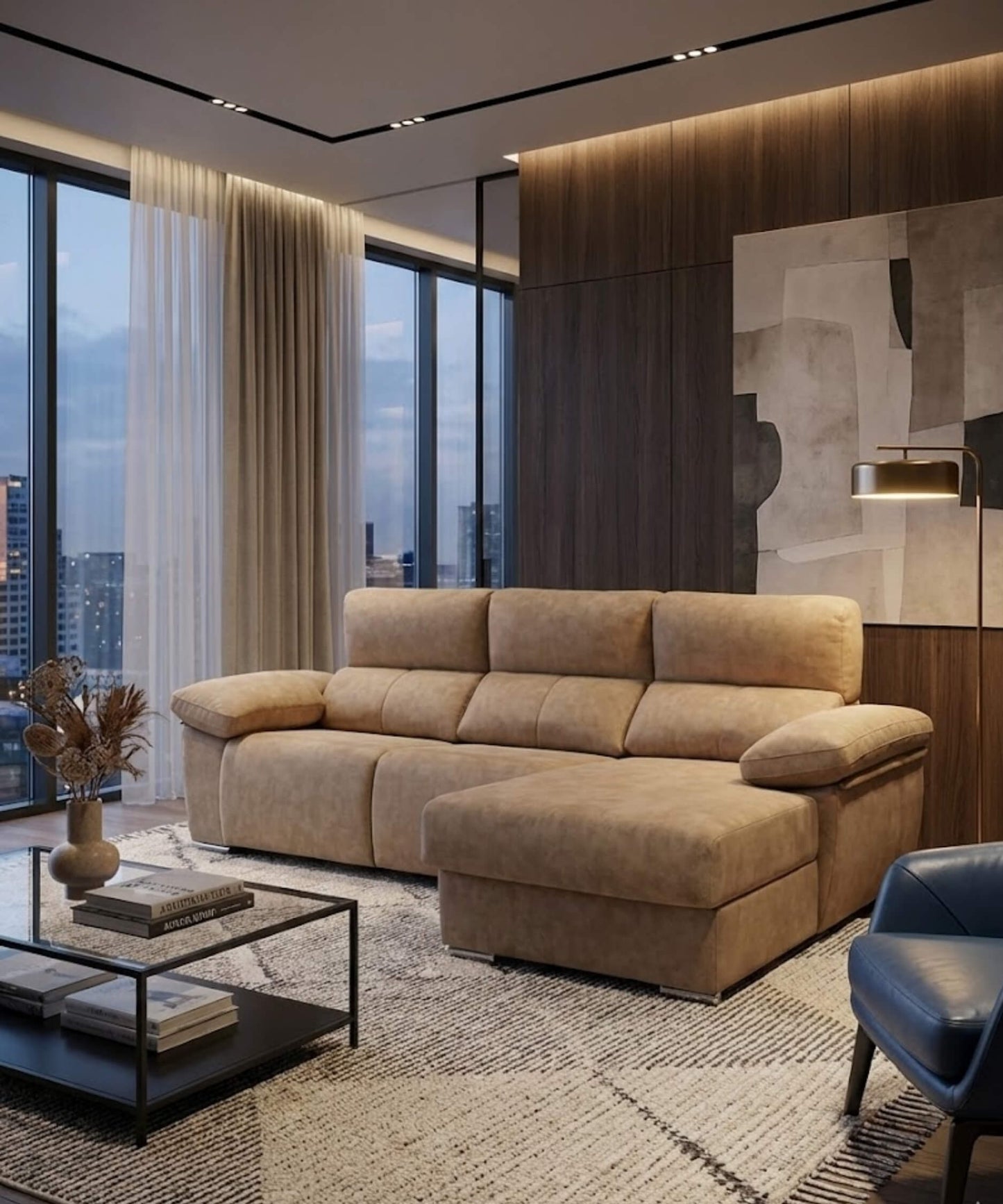 Sofá 3 plazas chaiselongue motorizado