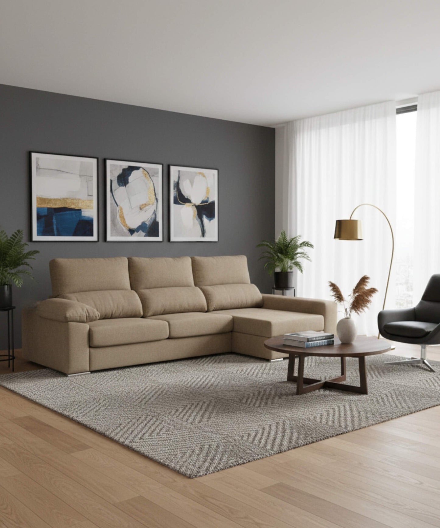 Sofá chaiselongue con asientos deslizantes